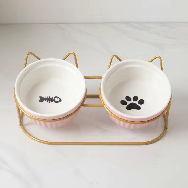 Tall Ceramic Double Pet Feeding Water Bowl Stand
