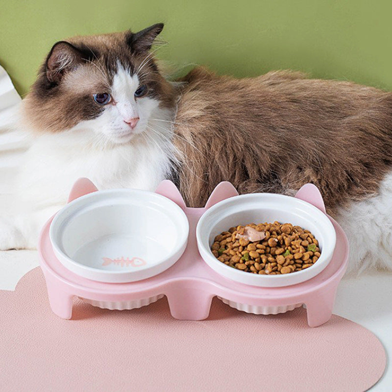 Tall Ceramic Double Pet Feeding Water Bowl Stand