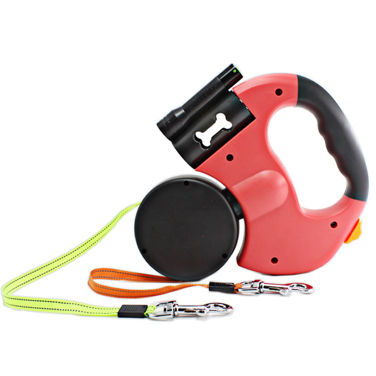 Dual Headed Retractable Pet Leash With Light And Bag Holder
