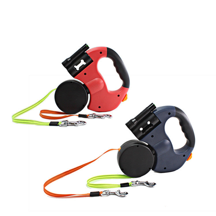 Dual Headed Retractable Pet Leash With Light And Bag Holder