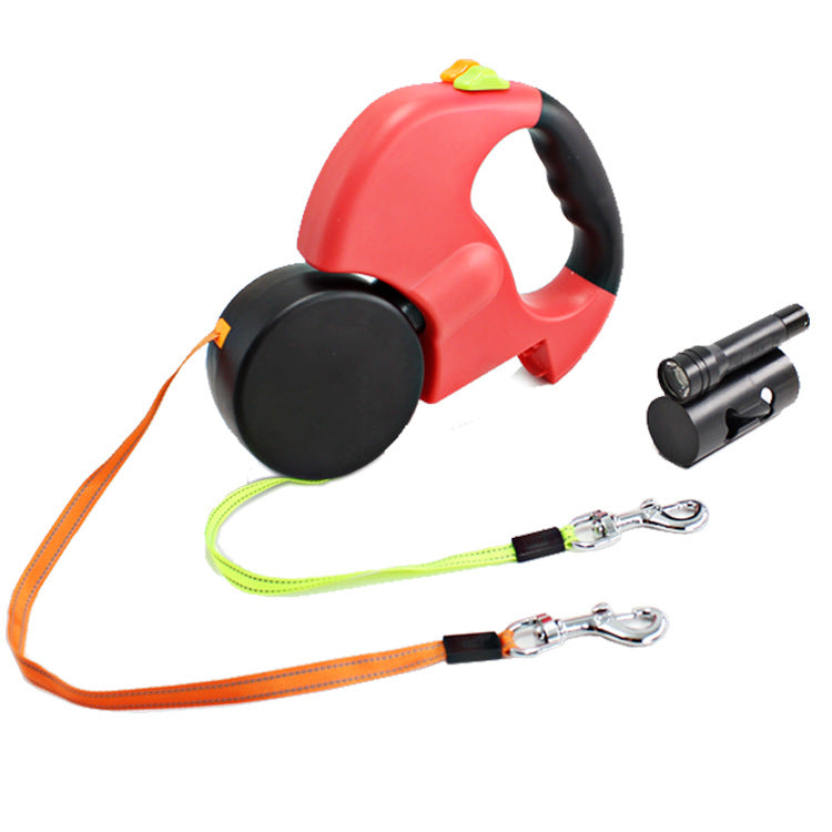 Dual Headed Retractable Pet Leash With Light And Bag Holder