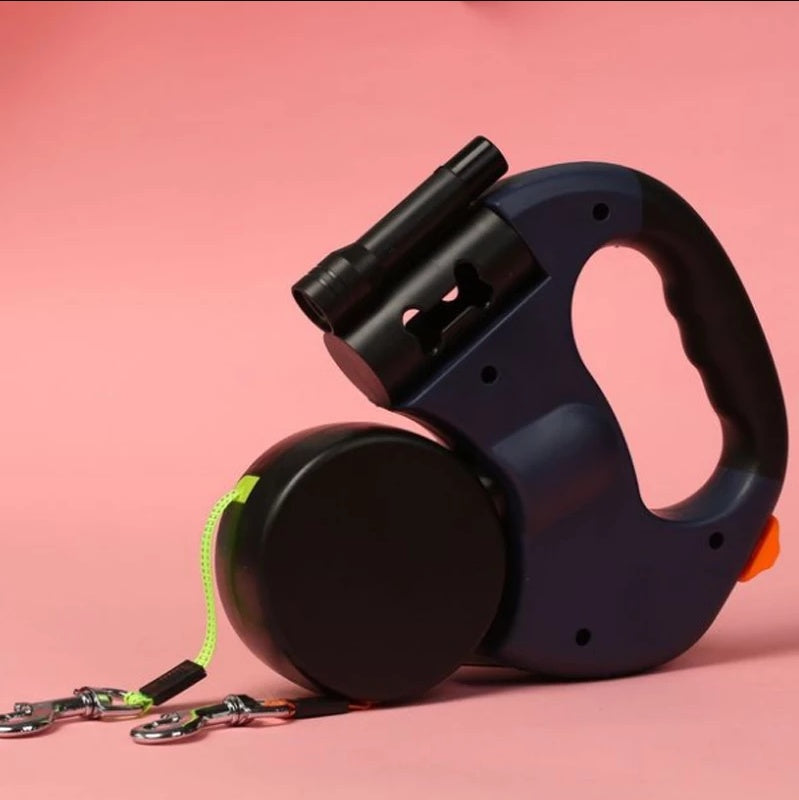 Dual Headed Retractable Pet Leash With Light And Bag Holder