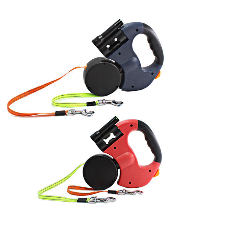 Dual Headed Retractable Pet Leash With Light And Bag Holder
