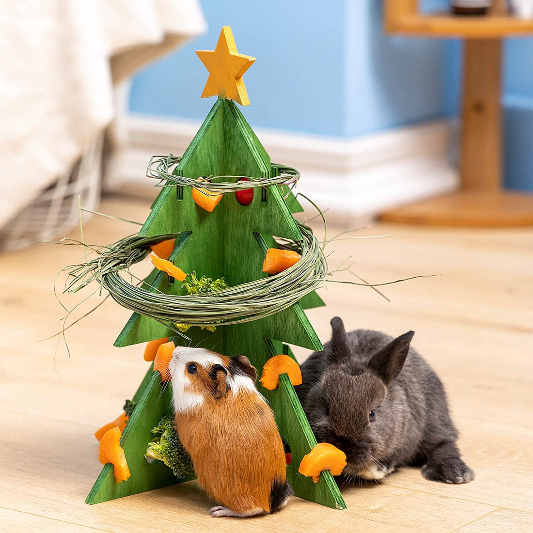 Wooden Christmas Tree Rabbit Feeder Vegetable Rack Toy
