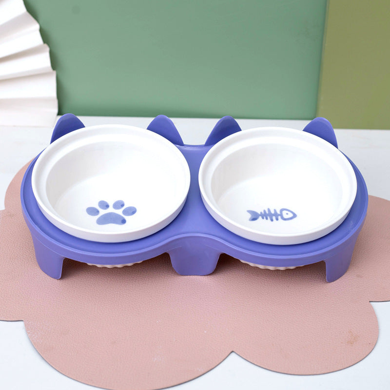 Tall Ceramic Double Pet Feeding Water Bowl Stand