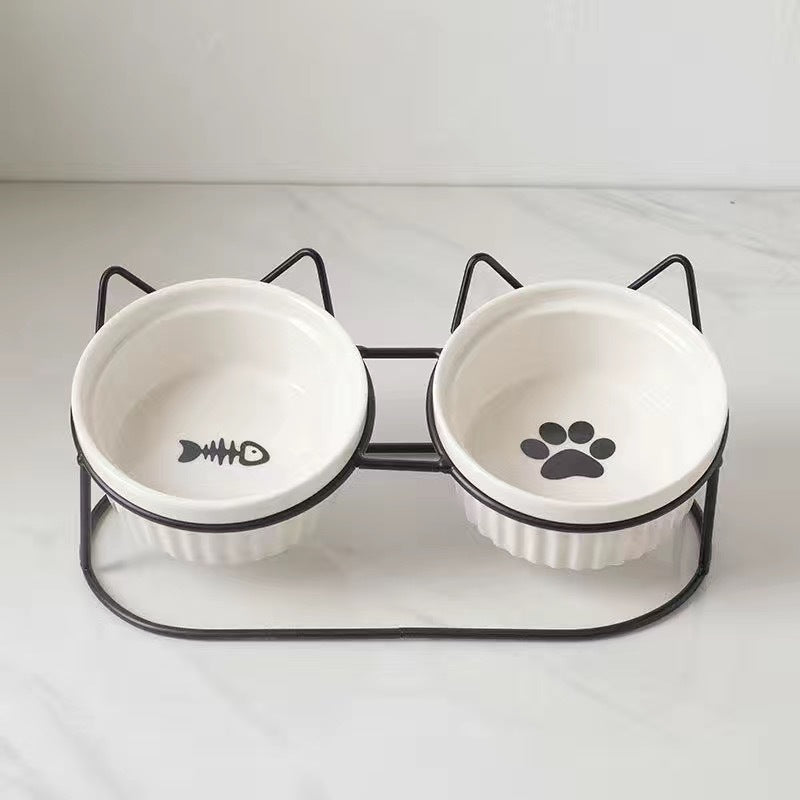 Tall Ceramic Double Pet Feeding Water Bowl Stand