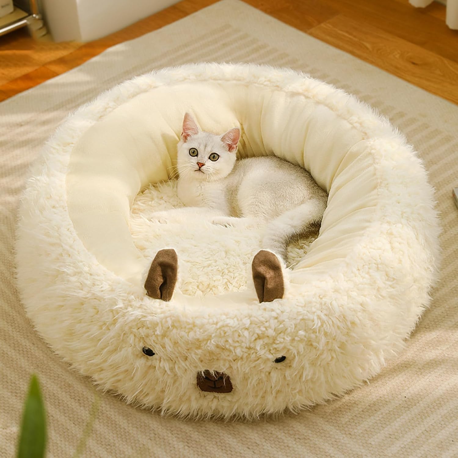 Cut Alpaca Style Calming Pet Bed Detachable Plush Pad Anti Slip Nest