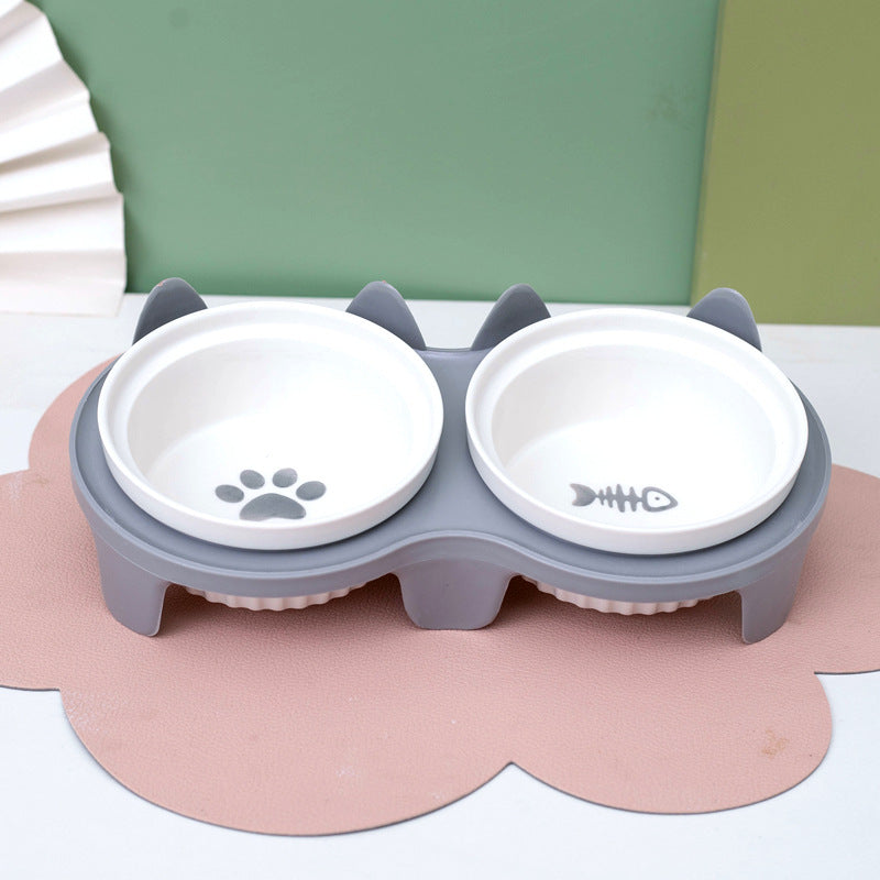 Tall Ceramic Double Pet Feeding Water Bowl Stand